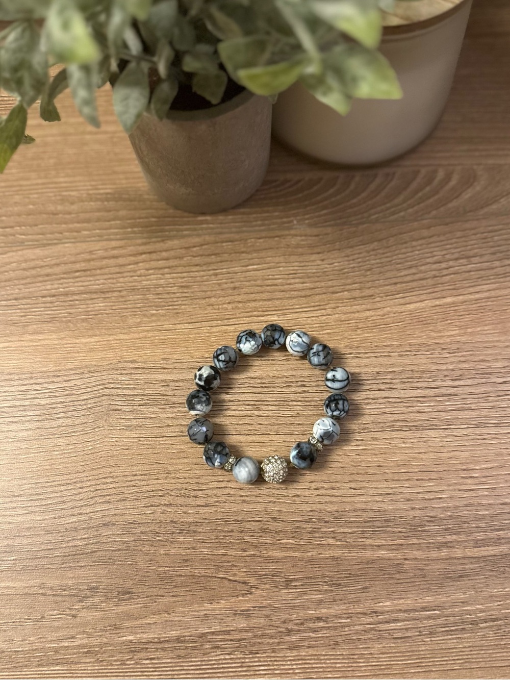 Large Handmade Gray Marble Bead Stretch Bracelet with Pave Accent